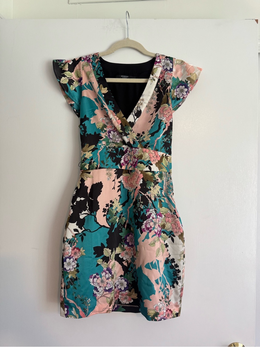 Vintage Guess Satin Floral V-Neck Flutter Sleeve Dress - Teal & Pink